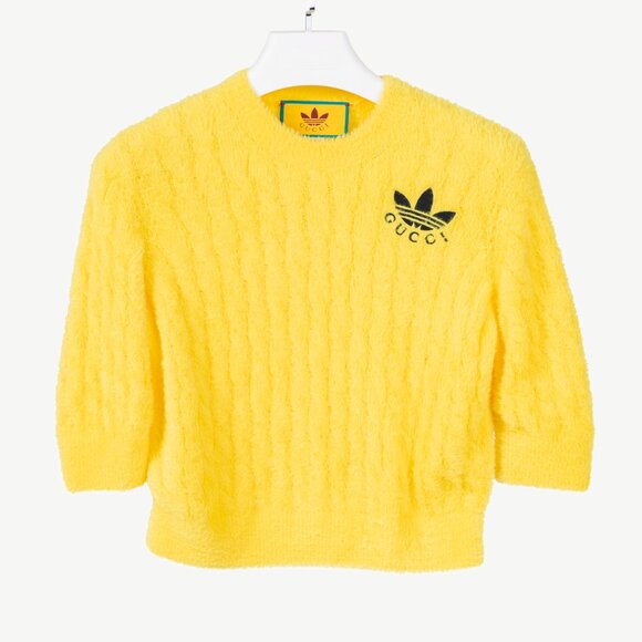 Gucci x Adidas Yellow Fuzzy Cable-Knit Embroidered Short-Sleeve Sweater - Picture 1 of 13